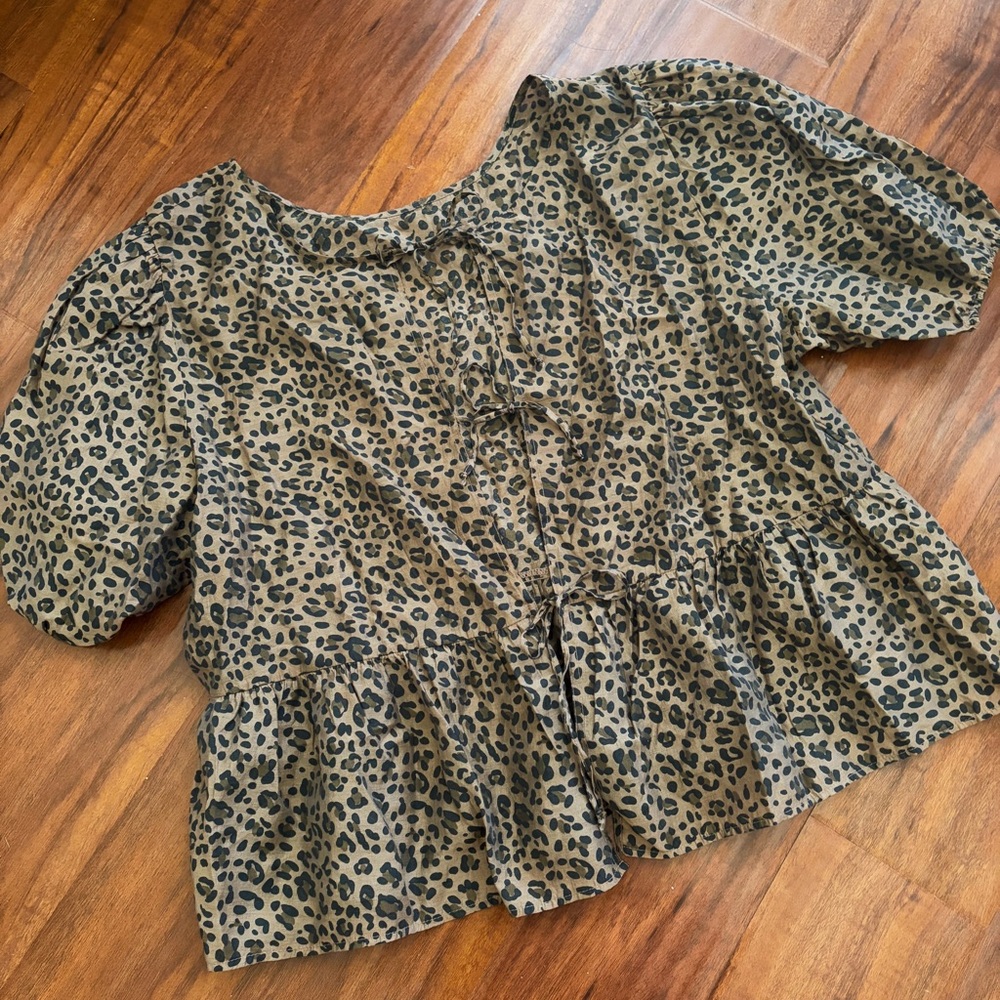 American Eagle Outfitters Olive and Black Leopard Print Peplum Blouse